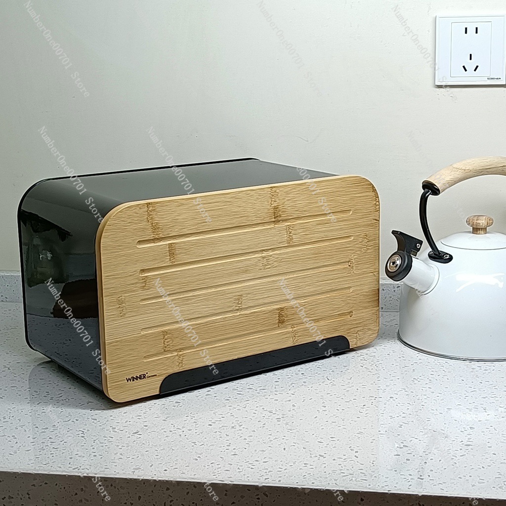 Food Storage Box Stainless Steel - Bambu Kapaklı Mutfak Ekmek Kutusu, Paslanmaz