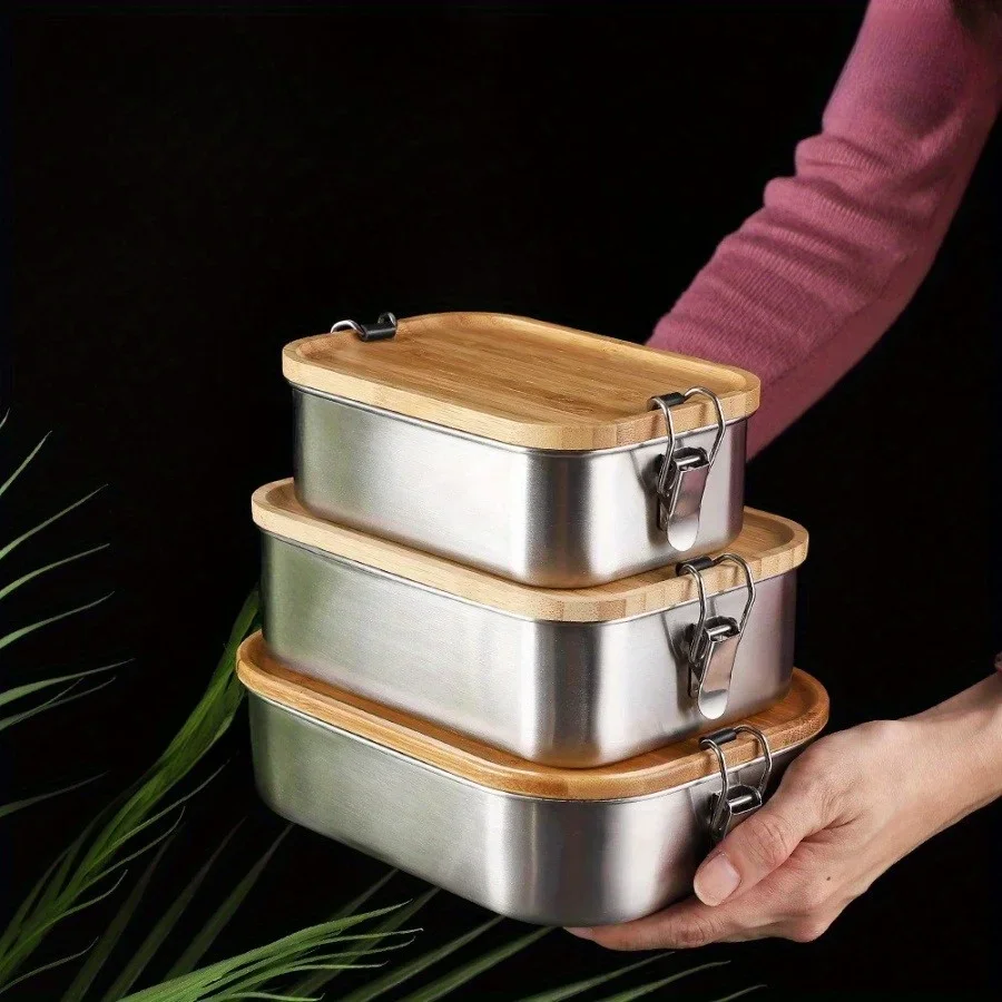 Food Storage Box Stainless Steel - Yeni 304 Paslanmaz Çelik Bambu Kapaklı