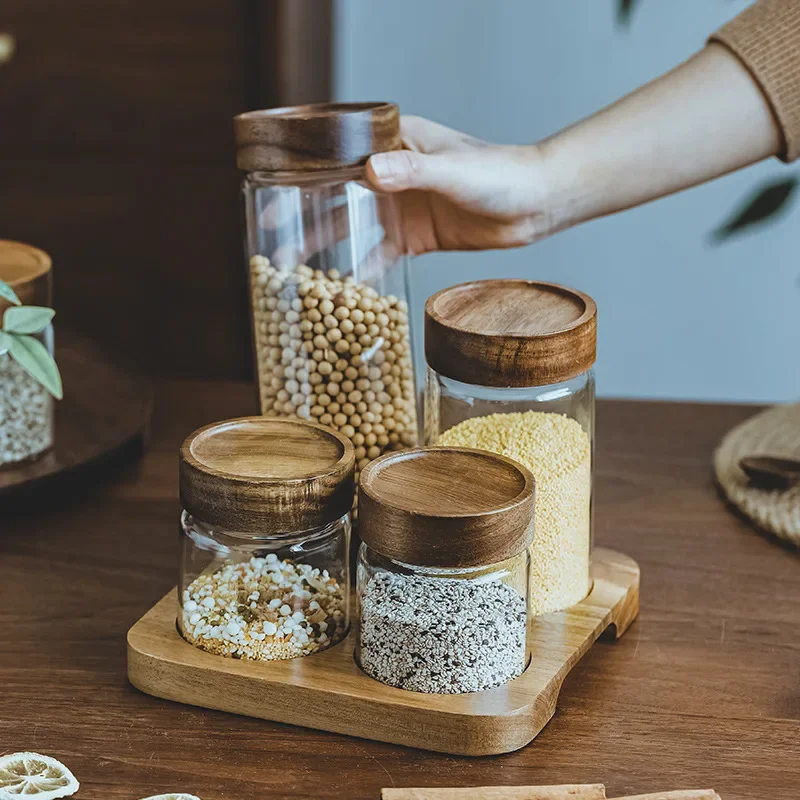 Food Storage With Glass Lids - Ahşap kapak Orgnizer cam hava geçirmez